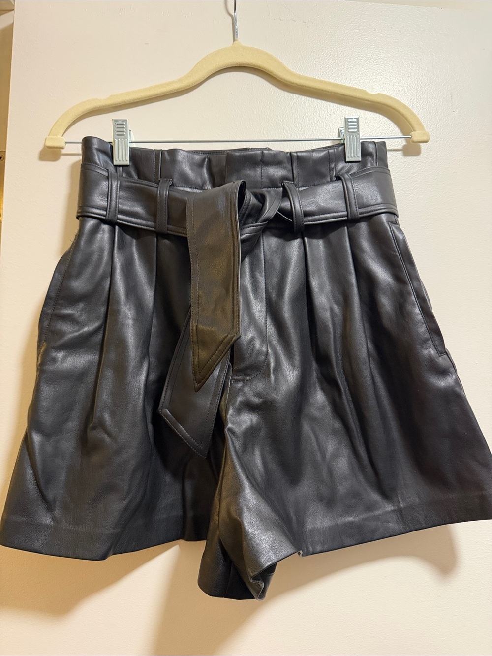 Zara Black High-Waist Faux Leather Paperbag Shorts with Tie Belt